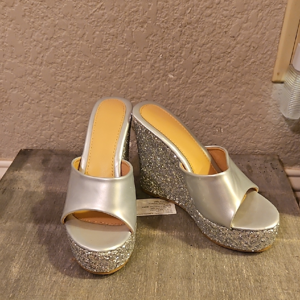 Silver Glitter Wedge Sandals